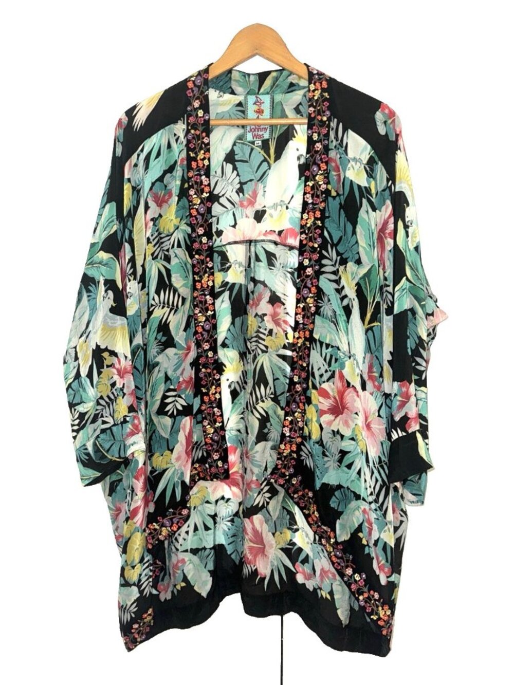 JOHNNY WAS Silk Embroidered KIMONO Robe JACKET Size M Floral BOHO Pockets